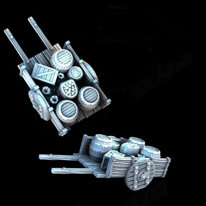 Kisten, Fässer, Kistenstapel, Säcke, Marktkarren