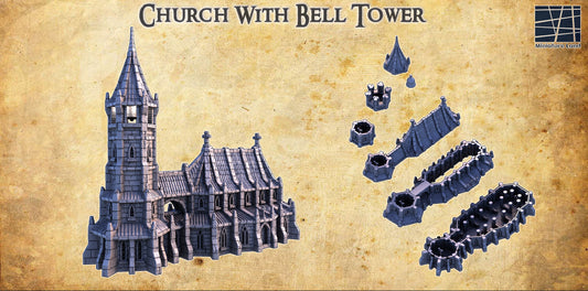 Kirche mit Glockenturm Mittelalter 3D Terrain Gebäude DnD RPG Tabletop